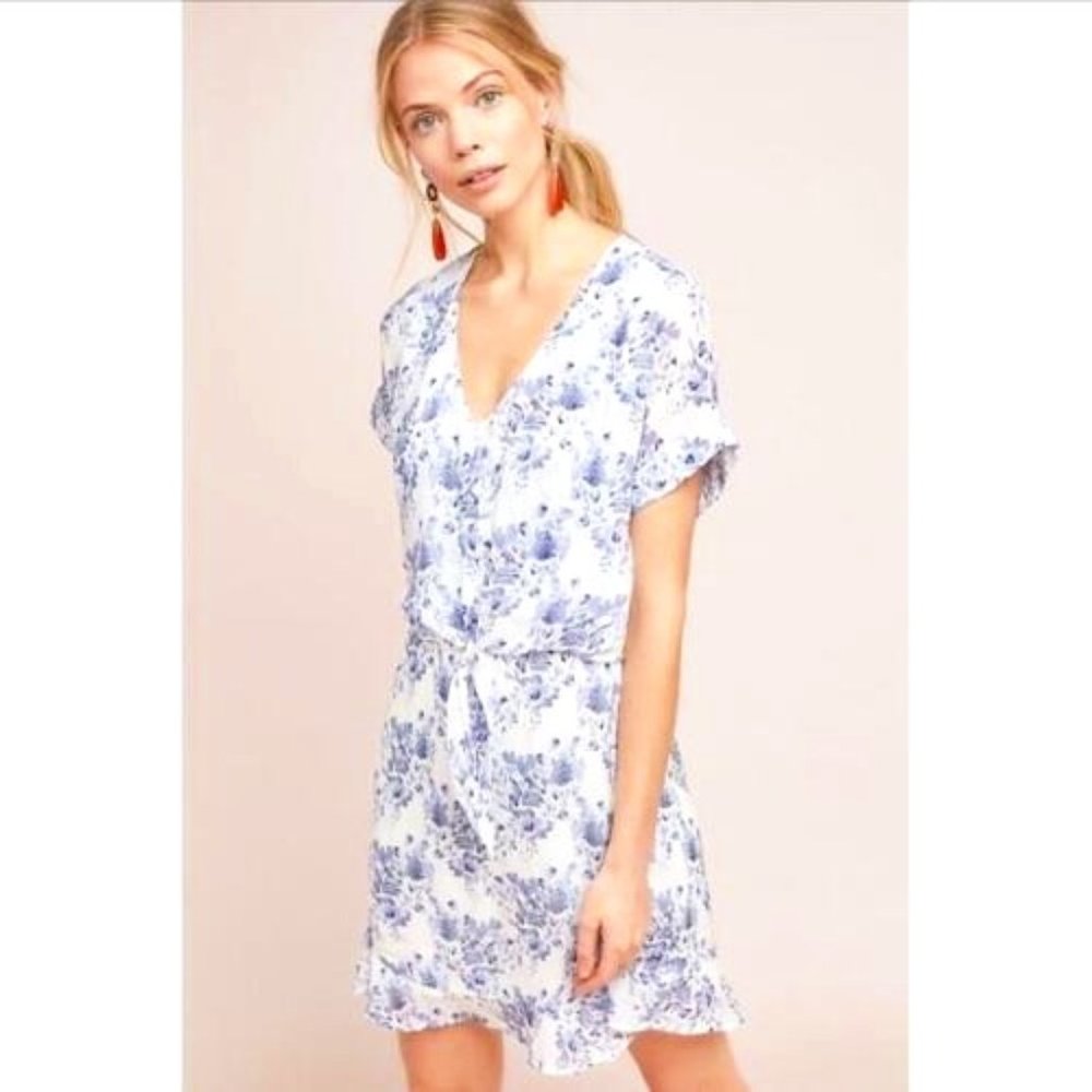 Anthropologie Cloth & Stone Vivian Tie front blue floral dress